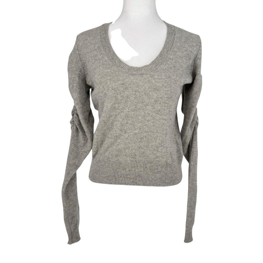 FRAME Grey 100% Cashmere Scoop Neck Sweater Ruched Long Sleeves Women Small